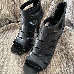 shoes, black, strapy, platform, heel approximately 3-inches size 8.5